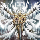 Armored Figure with White Wings and Sword in Celestial Setting