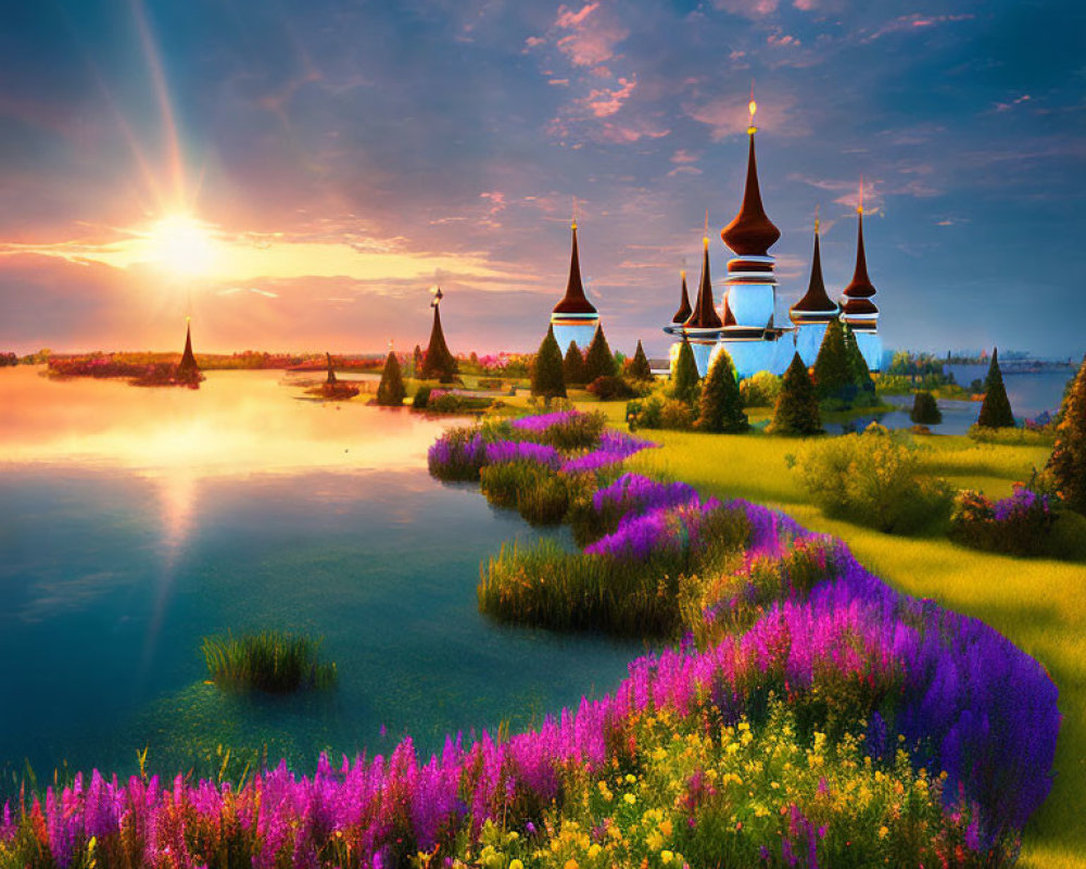 Russian domed structures beside a serene lake at sunset surrounded by vibrant wildflowers and lush greenery under