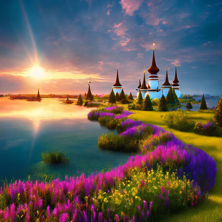 Russian domed structures beside a serene lake at sunset surrounded by vibrant wildflowers and lush greenery under