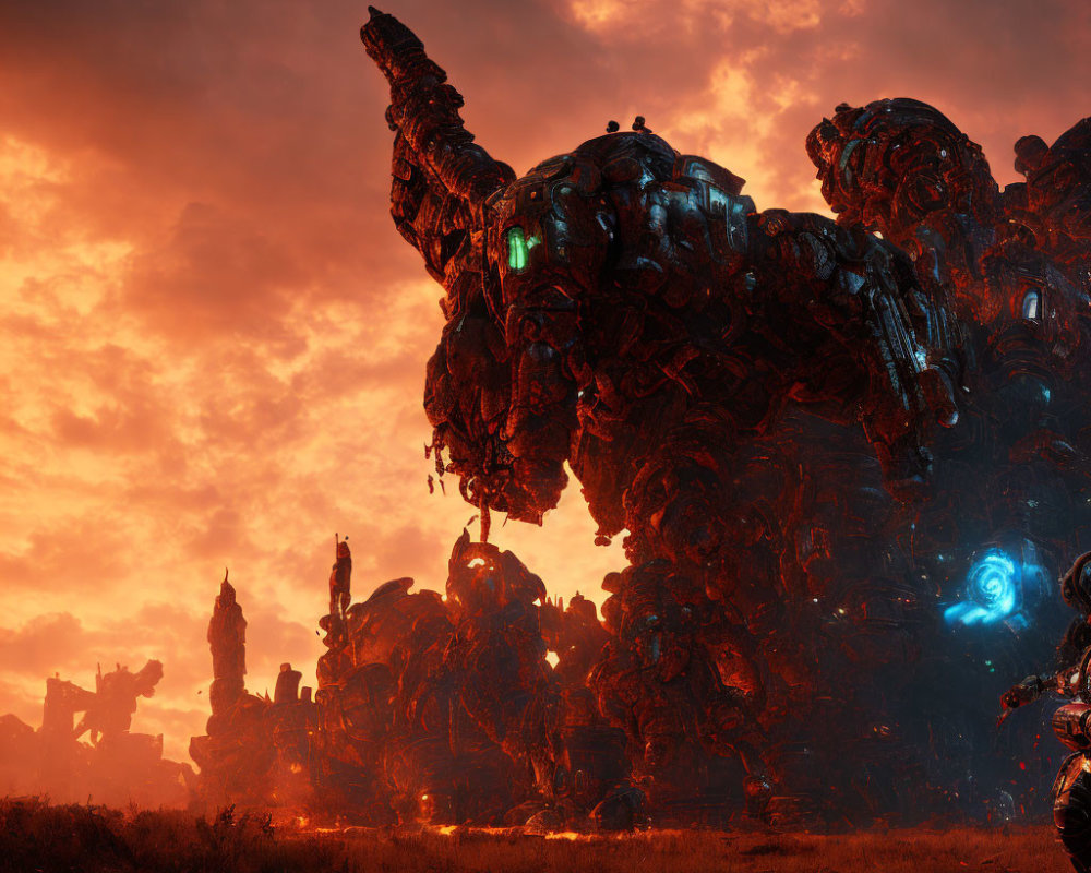 Giant rusted mech with glowing green lights in dystopian landscape