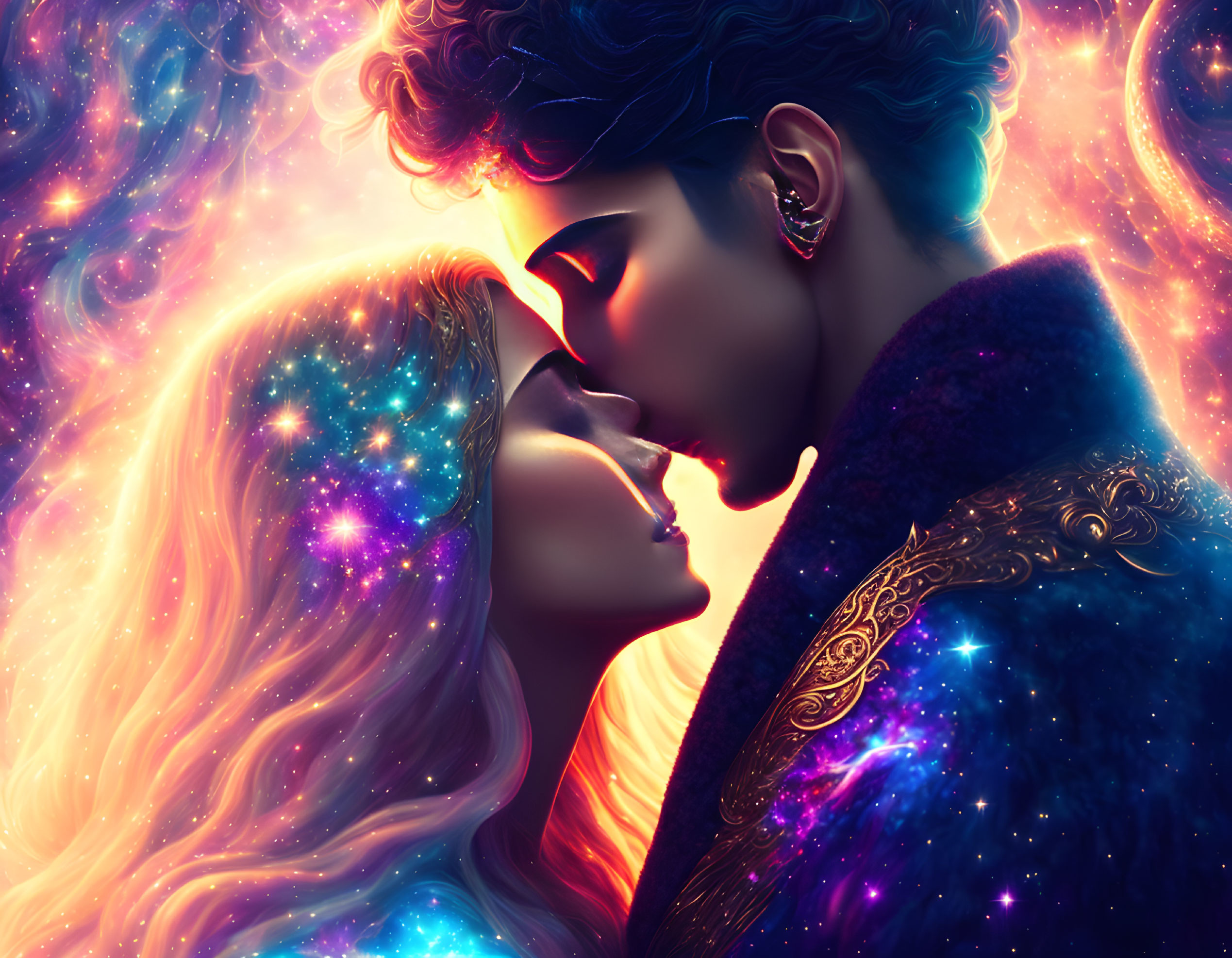 Illustration of couple blending with cosmic backdrop