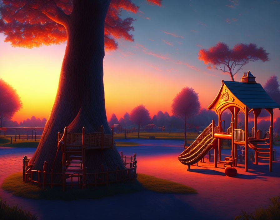 Tranquil Playground with Large Tree at Twilight