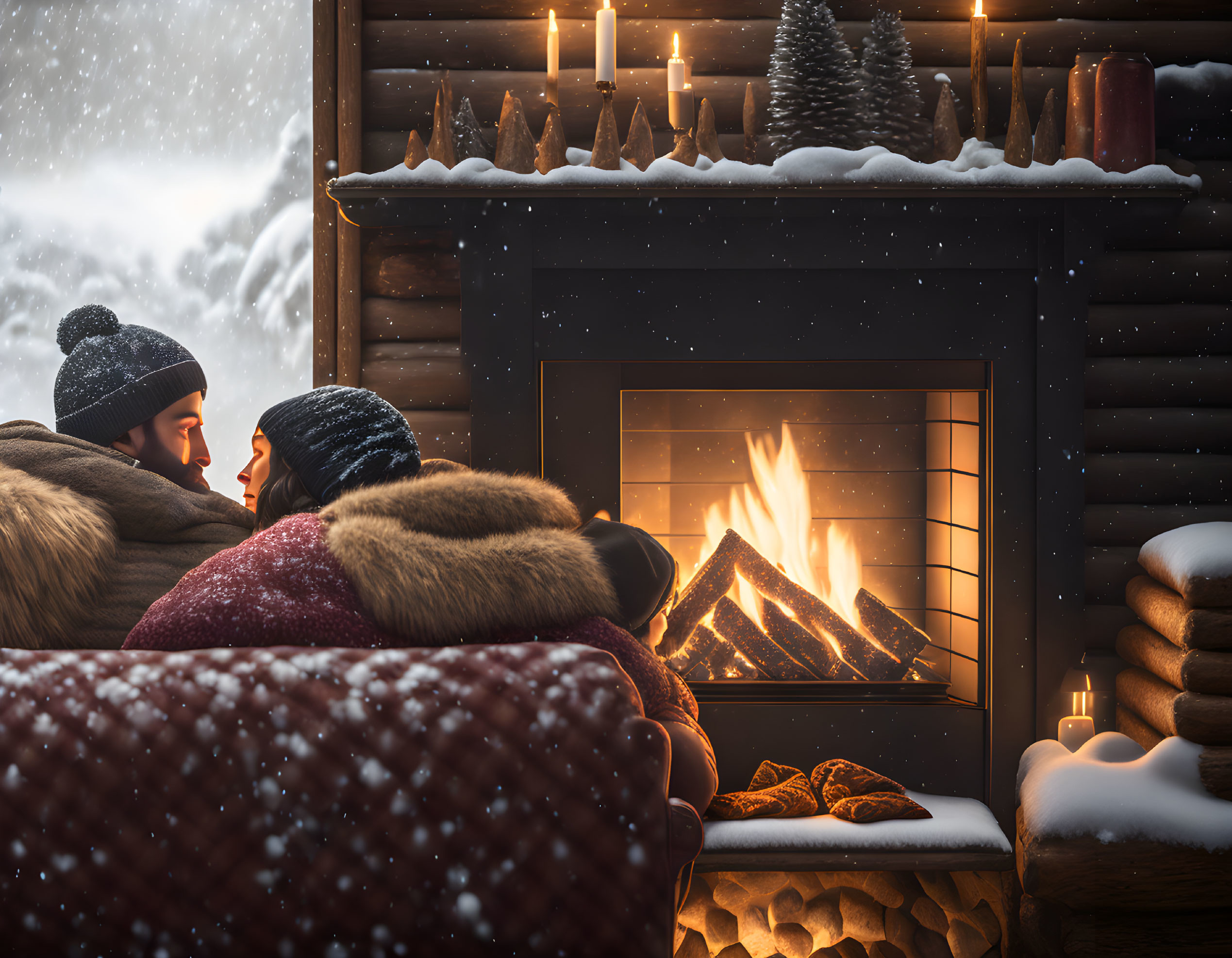 Cozy winter scene with couple by fireplace and snowfall outside