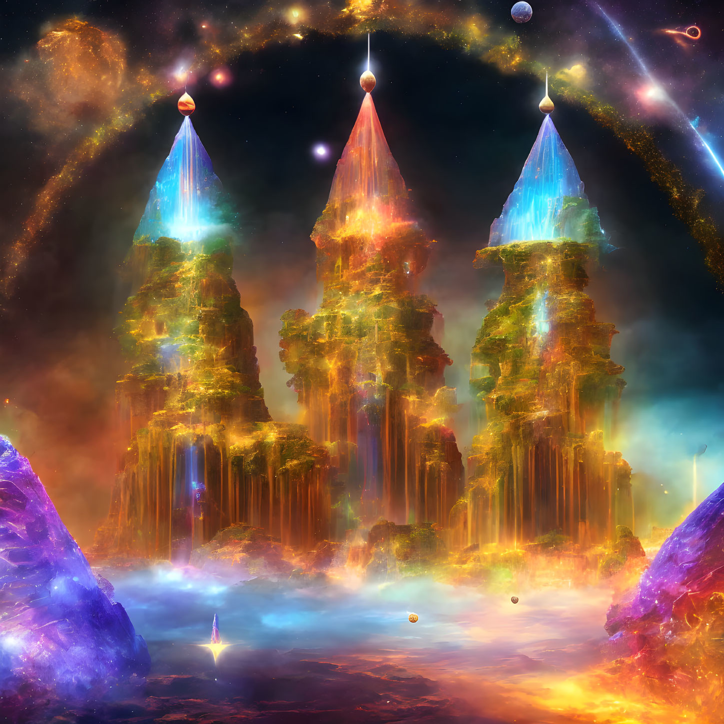 Digital Art: Three Crystal Peaks in Cosmic Setting