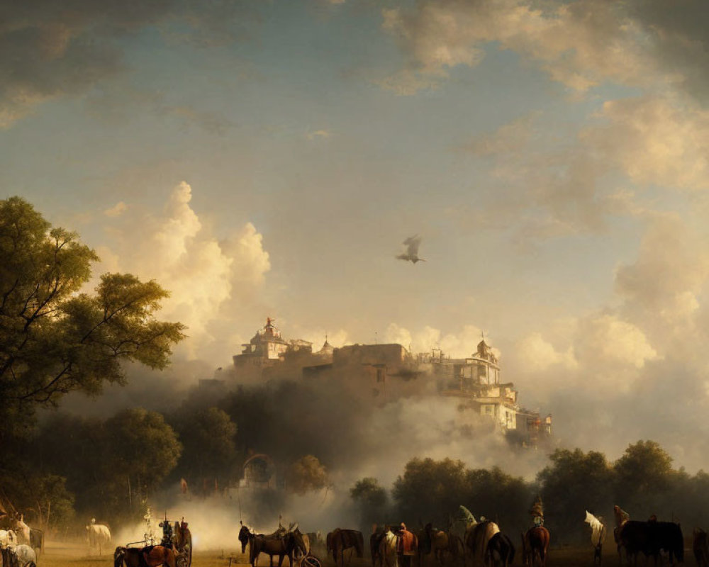 Rural landscape with horses, cart, castle, mist, and dramatic sky