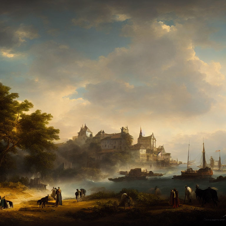 Misty river landscape with castle, ships, and period attire