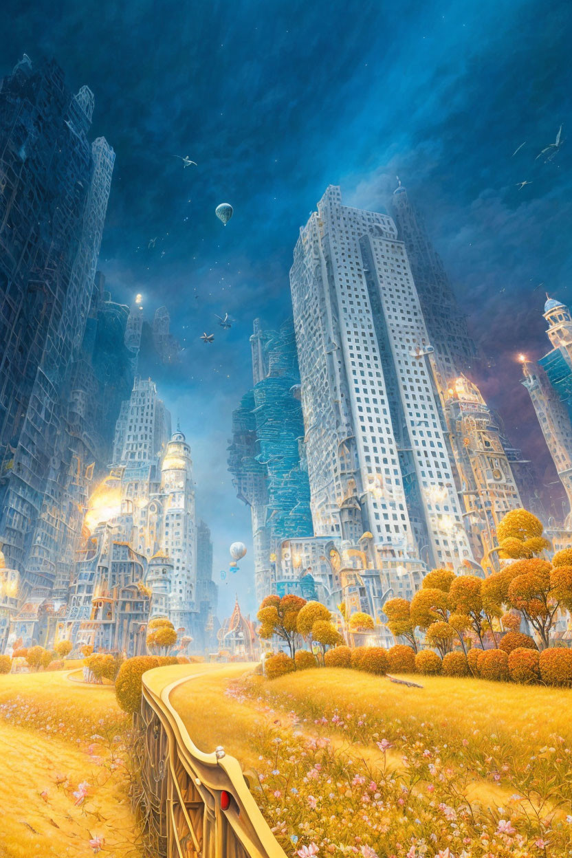 Futuristic overgrown cityscape with green pathway, orange trees, and hot air balloons at night