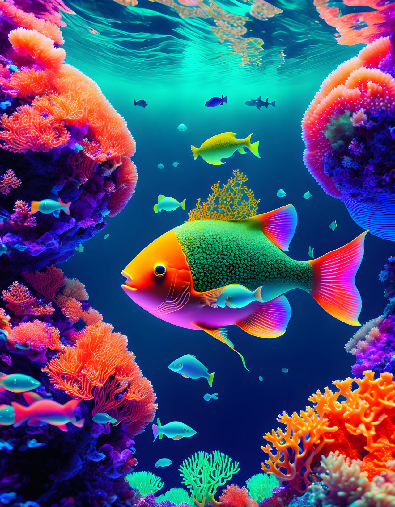 Vibrant Coral Reefs and Colorful Fish in Underwater Scene