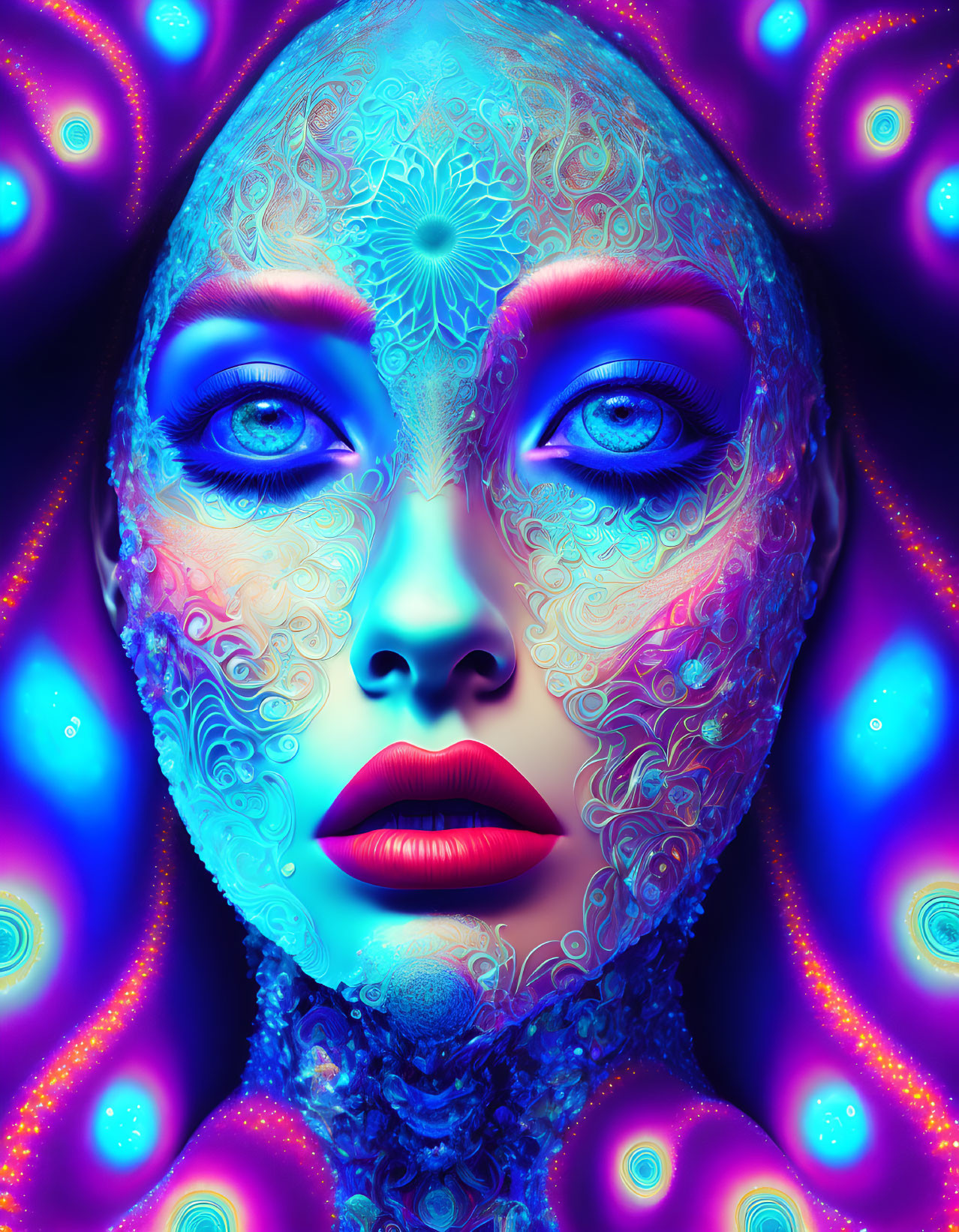 Colorful digital artwork: Woman's face with neon patterns & fractal designs