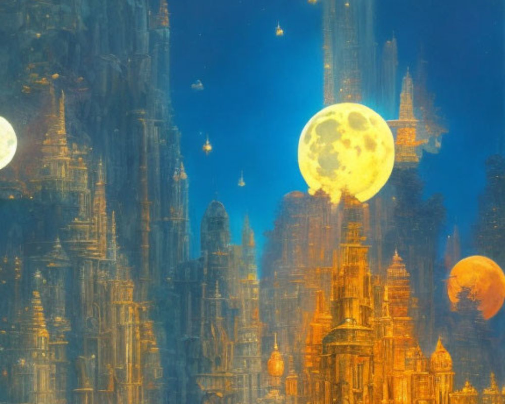 Fantastical cityscape at night with towering spires and multiple moons