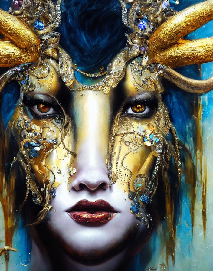 Intricate Golden Mask with Horns and Piercing Eyes in Blue and Black Hues