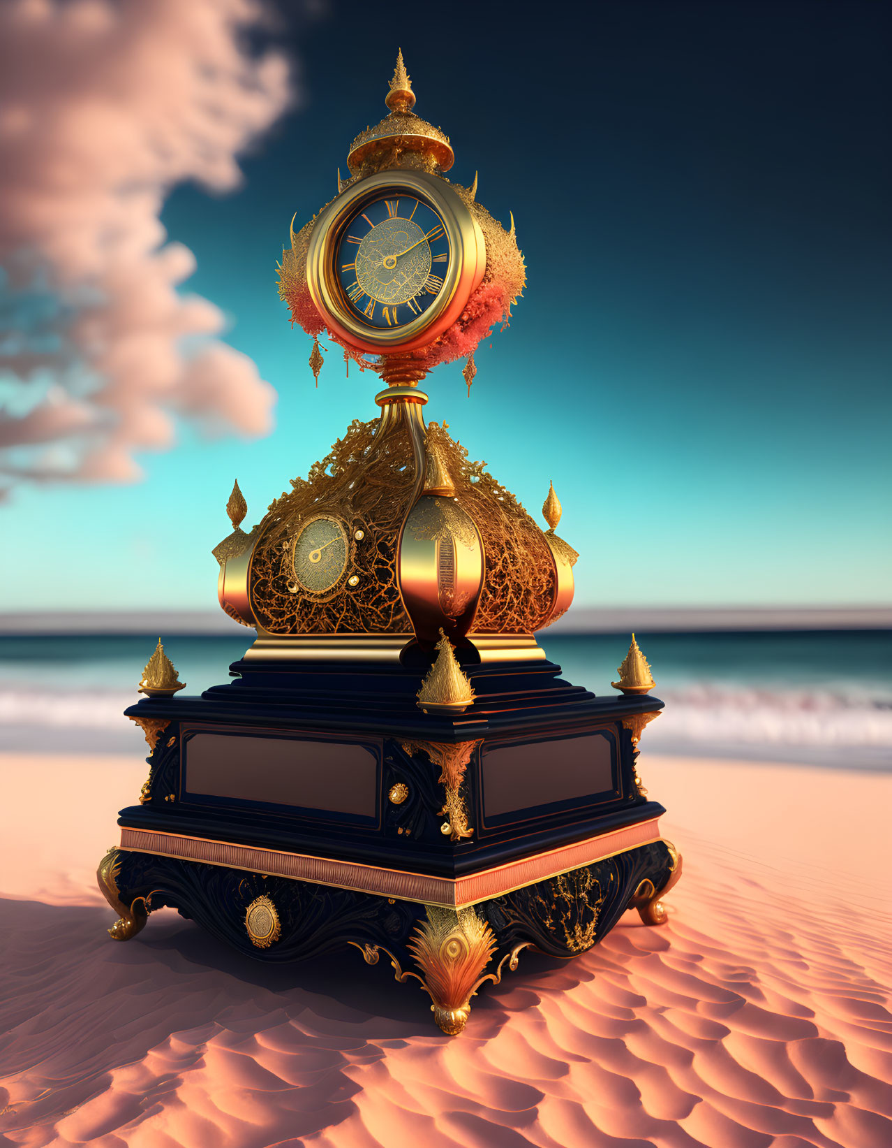 Elaborate Golden Clock on Base Against Beach Backdrop