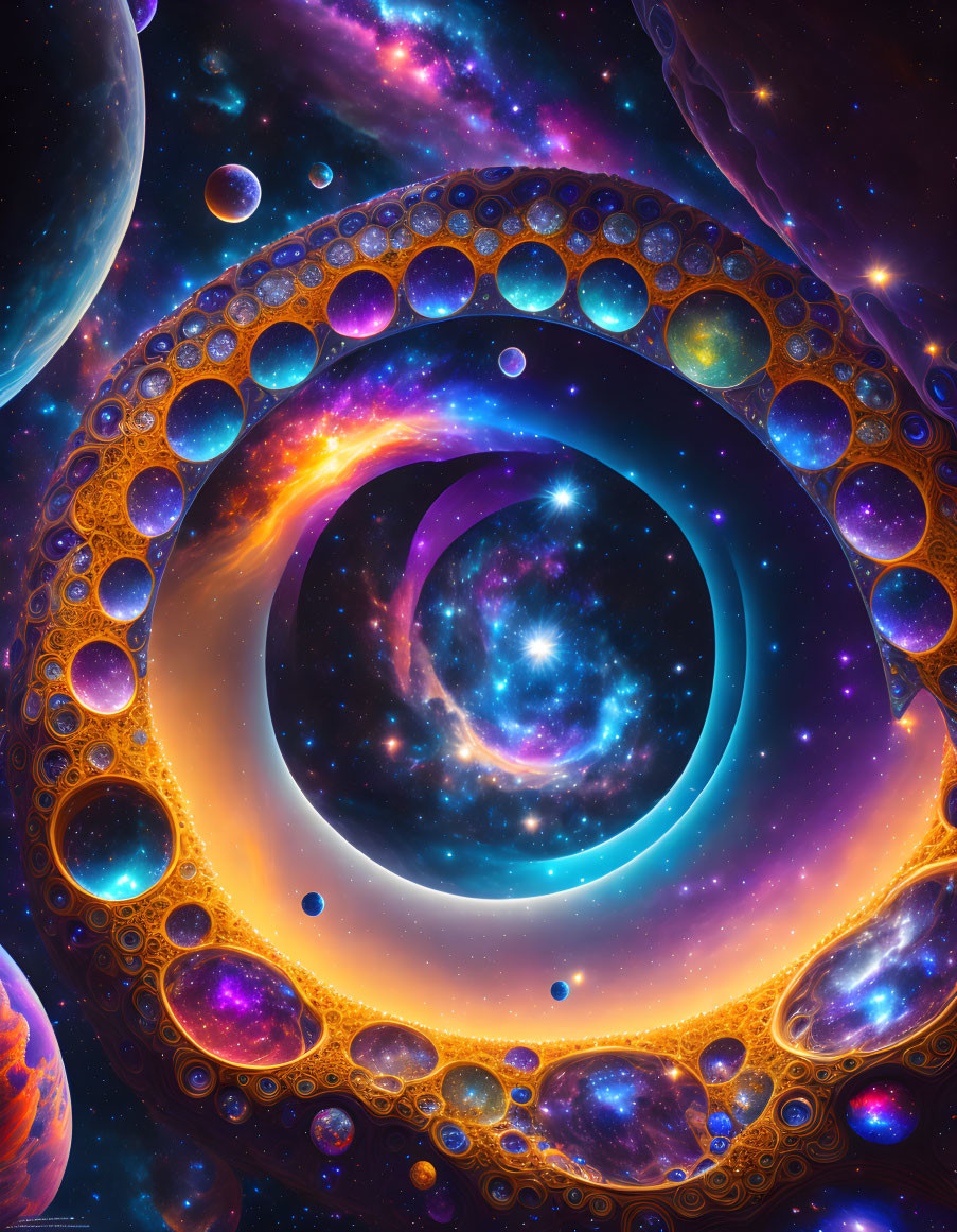 Colorful Space Scene with Galaxies and Fractal Rings