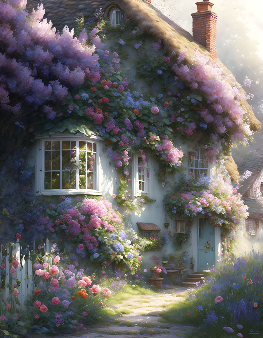 Thatched-Roof Cottage with Colorful Flowers and Dappled Light