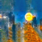 Fantastical cityscape at night with towering spires and multiple moons