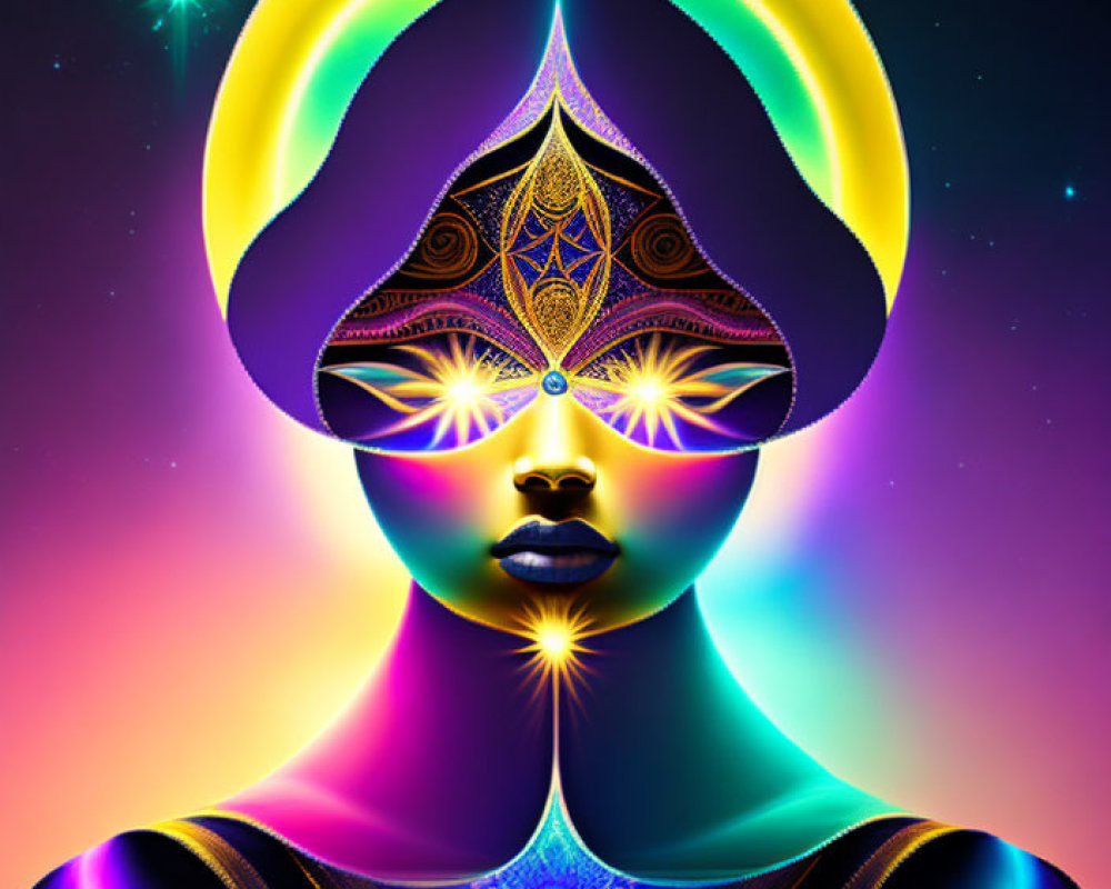 Mystical female figure with luminous eyes in cosmic digital art