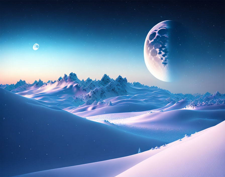 Snowy Mountains Night Sky with Large Moon and Stars