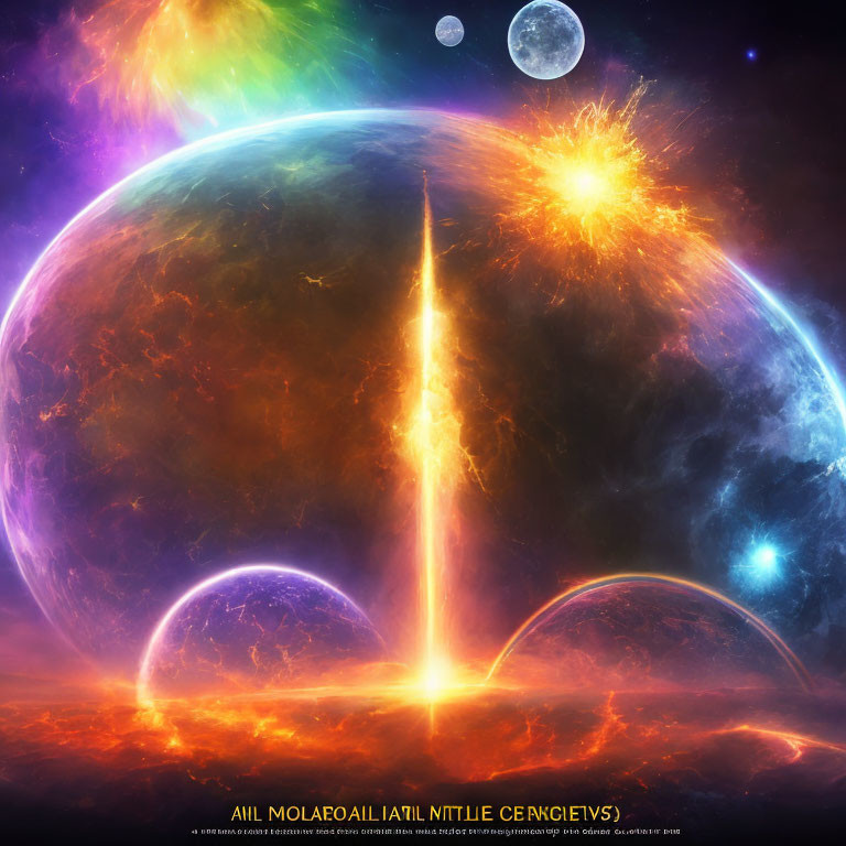 Colorful cosmic digital artwork with planet, energy beams, and celestial bodies