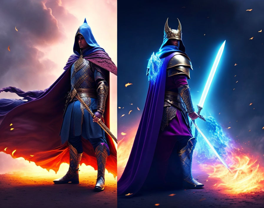 Two warriors in stylized armor with swords in flames and cosmic setting.