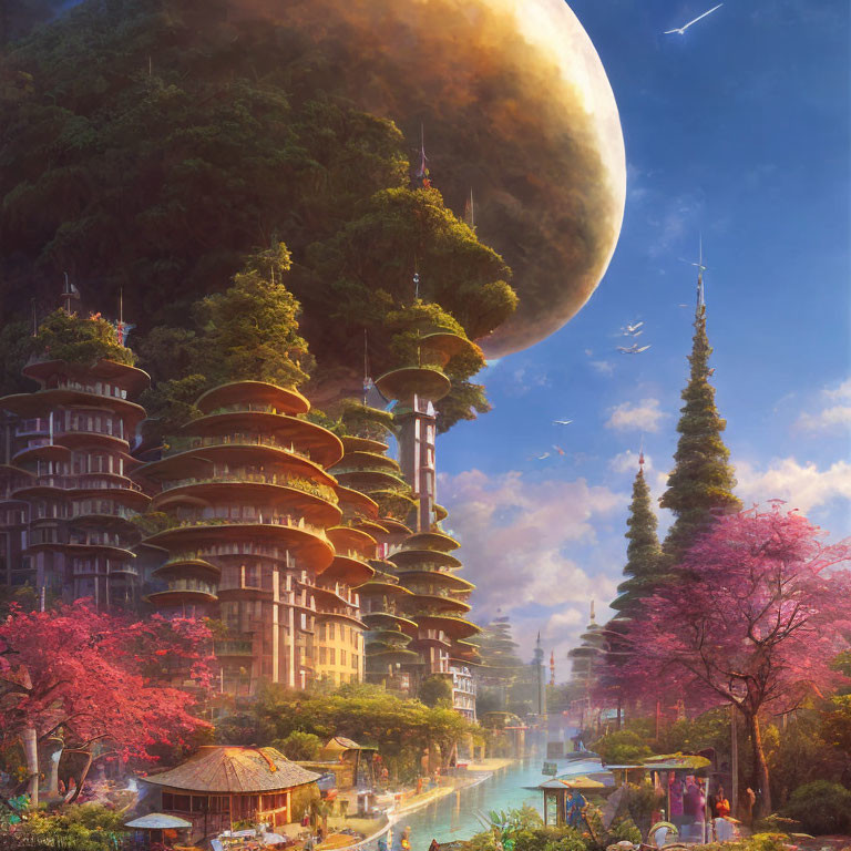 Futuristic cityscape with pagoda-style buildings in lush greenery under a massive moon.