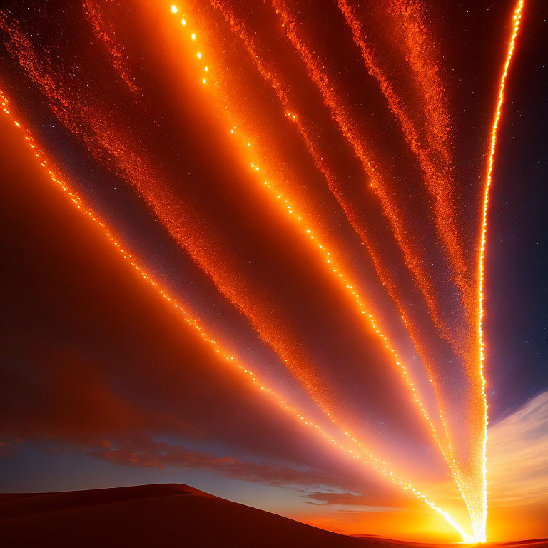 Vibrant diagonal streaks of light in fiery sky over desert dune