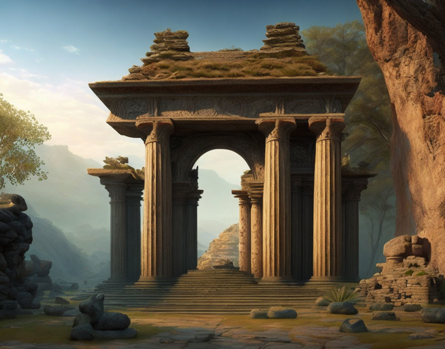 Ancient stone temple with Corinthian columns in rocky landscape.