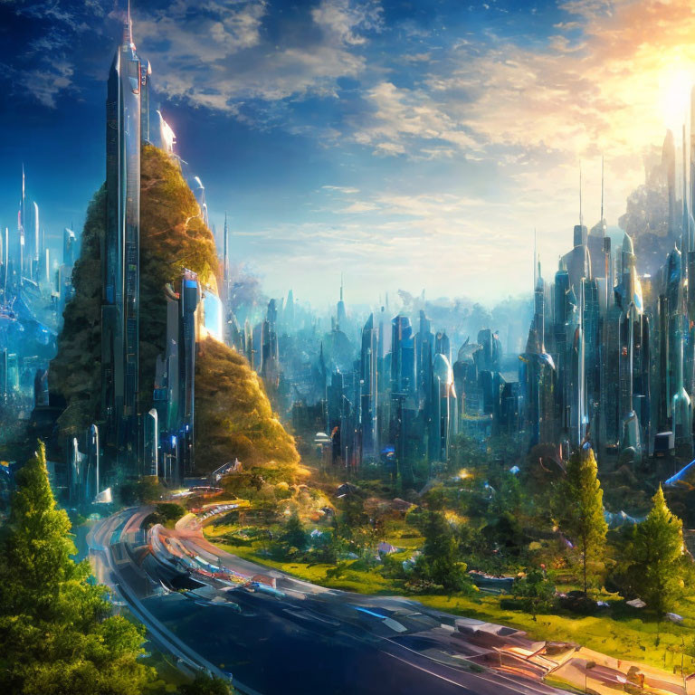 Futuristic cityscape with skyscrapers and greenery under sunny sky