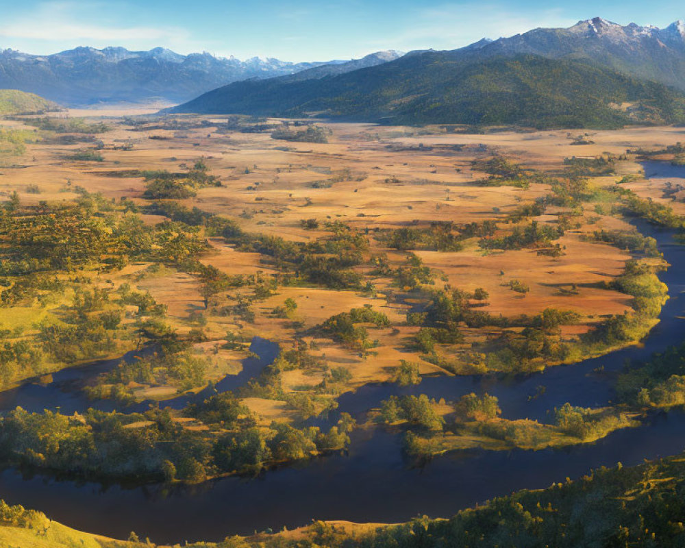 Panoramic View of Meandering River in Sunlit Valley