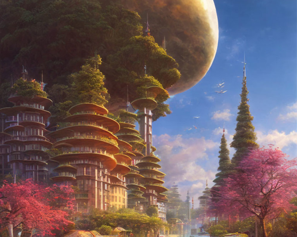 Futuristic cityscape with pagoda-style buildings in lush greenery under a massive moon.