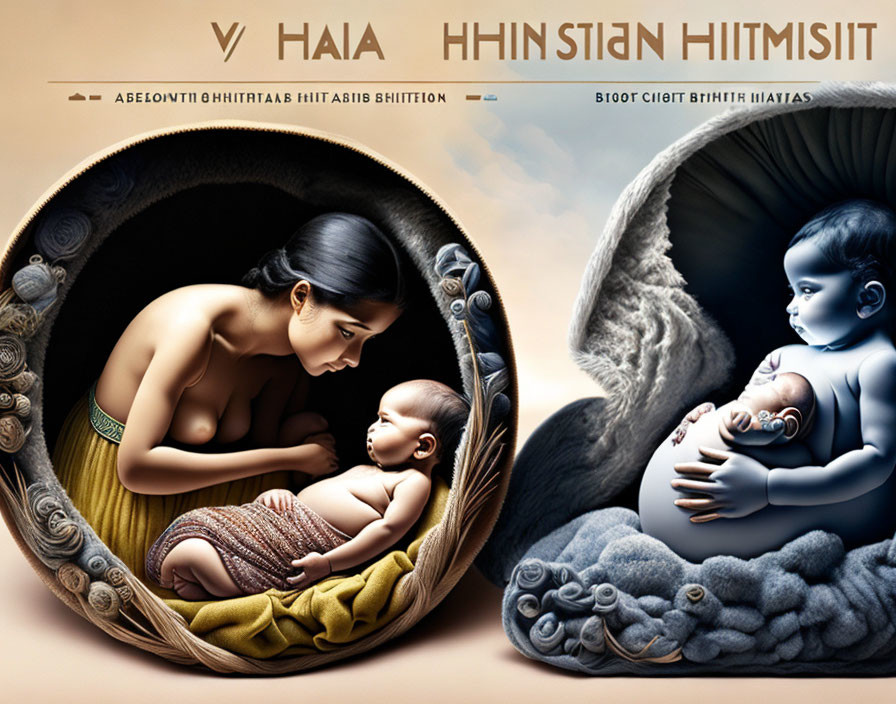 Mirrored artistic illustrations of woman nurturing baby and baby in womb symbols