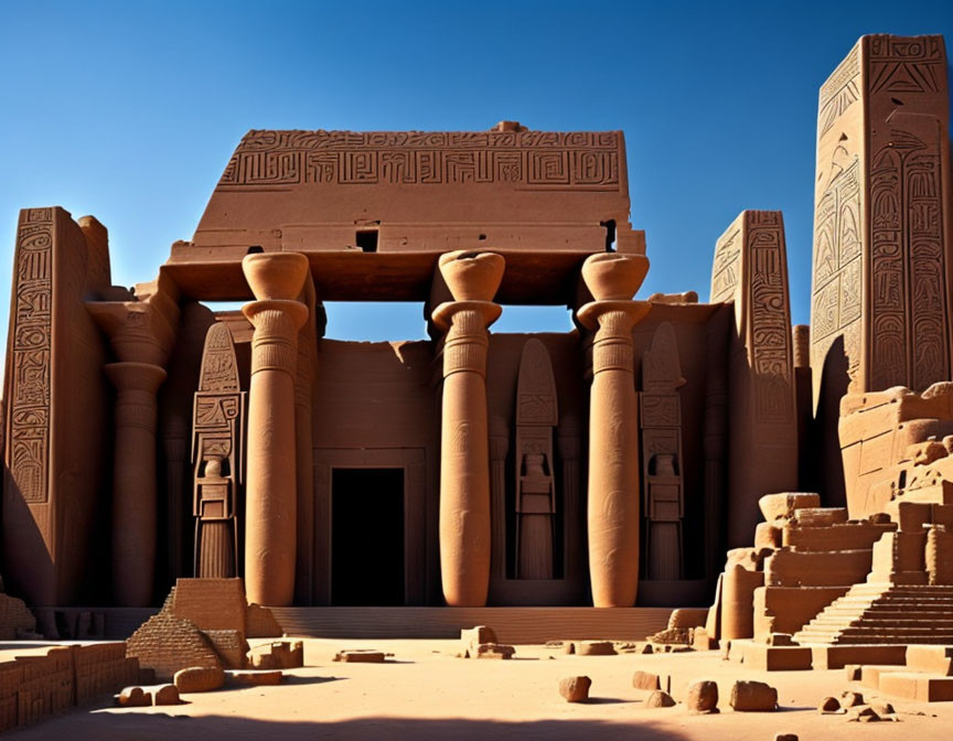 Massive columns and ornate carvings in an Ancient Egyptian temple