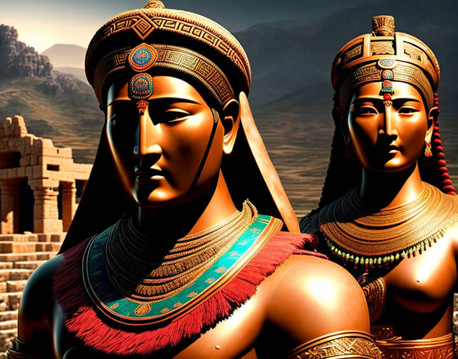 Stylized Egyptian figures with headdresses and pyramids backdrop