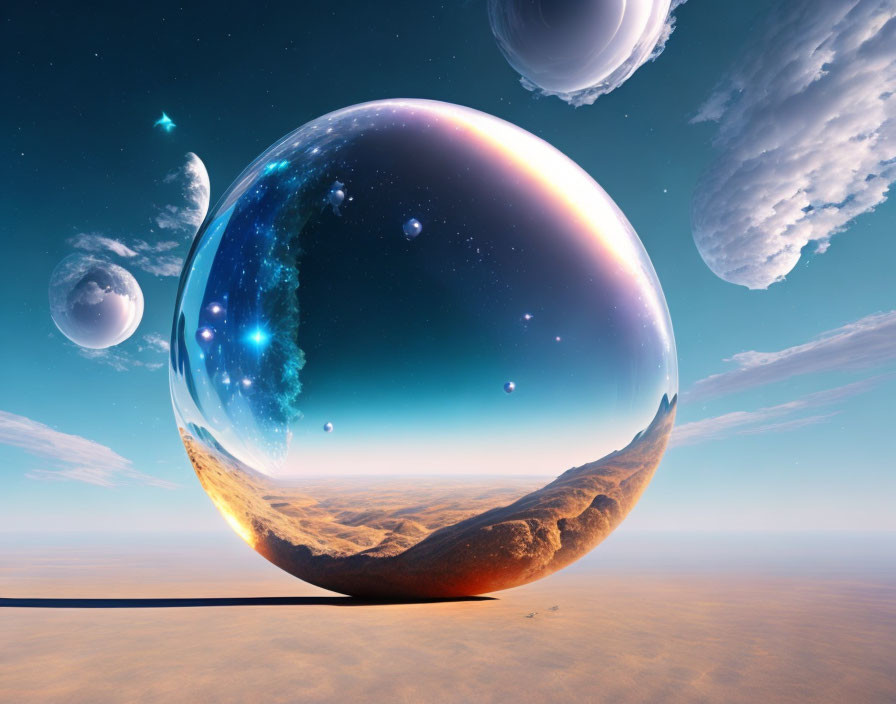 Gigantic reflective sphere in surreal landscape with inverted terrain and sky