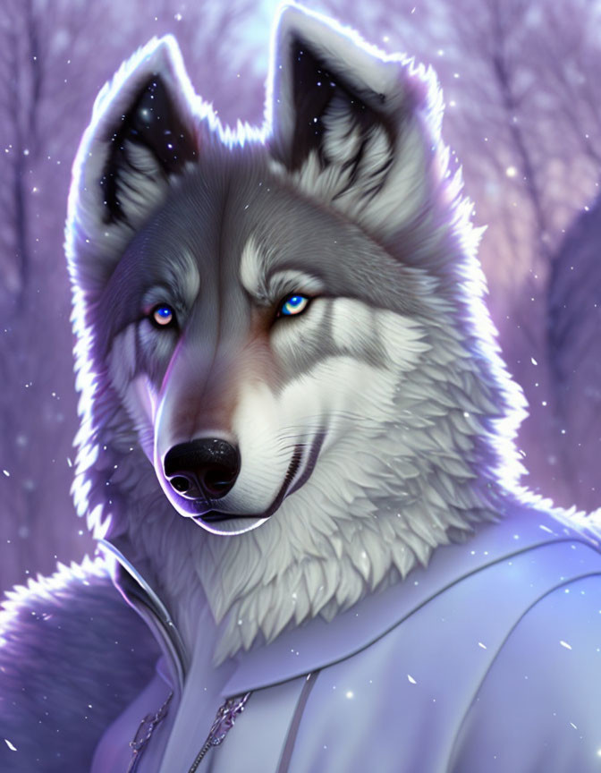 Anthropomorphic wolf with blue eyes in coat on snowy purple backdrop