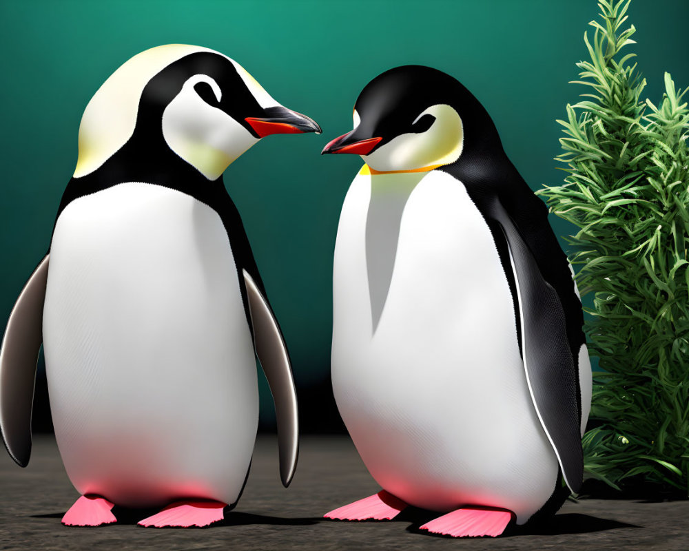 Animated penguins in front of green background with plant