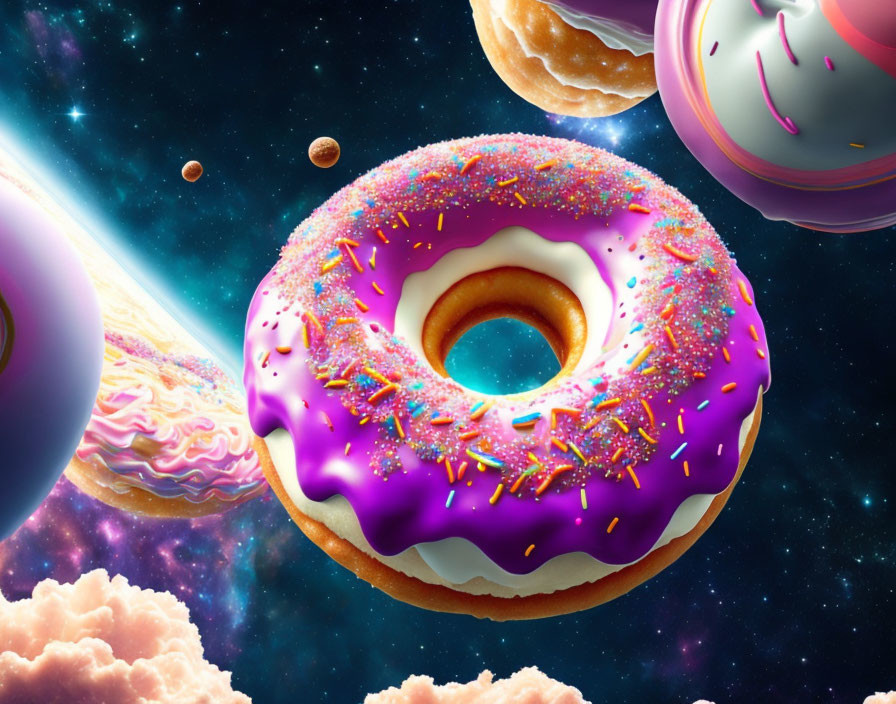 Vibrant Purple Glazed Donut in Cosmic Setting with Stars and Planets