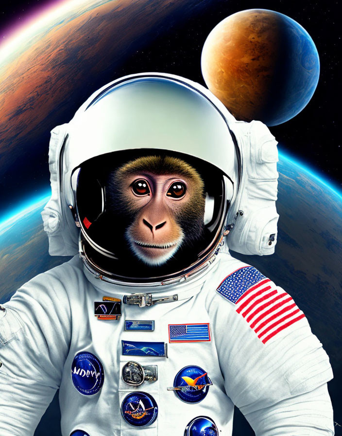 Realistic monkey in astronaut suit with Earth backdrop