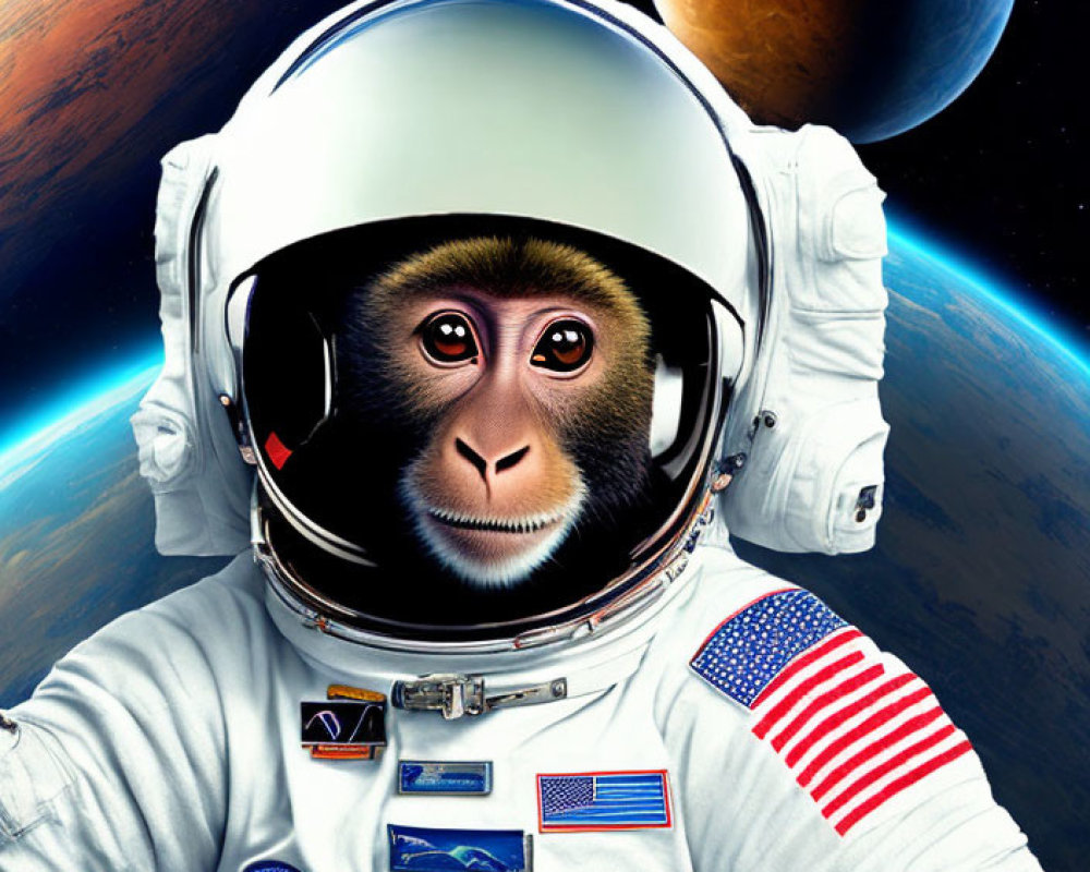 Realistic monkey in astronaut suit with Earth backdrop