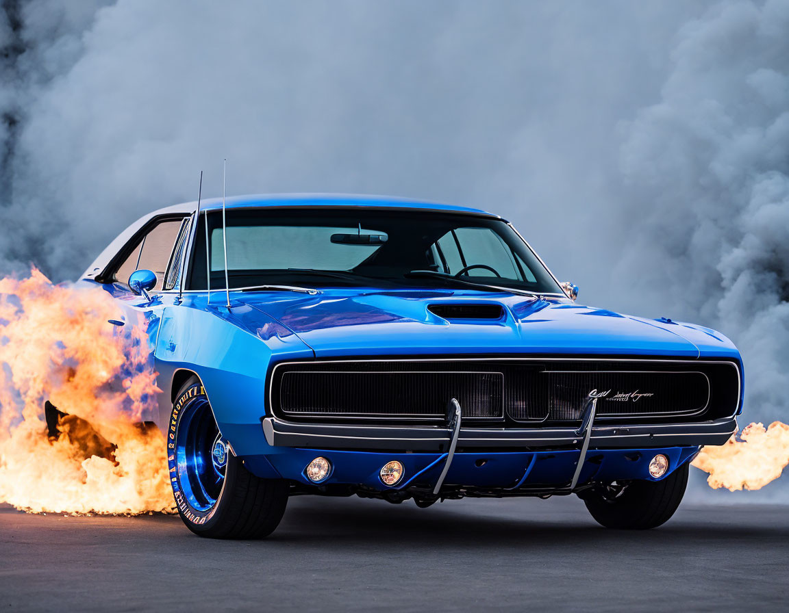 Vintage Muscle Car Burnout with Flames and Smoke