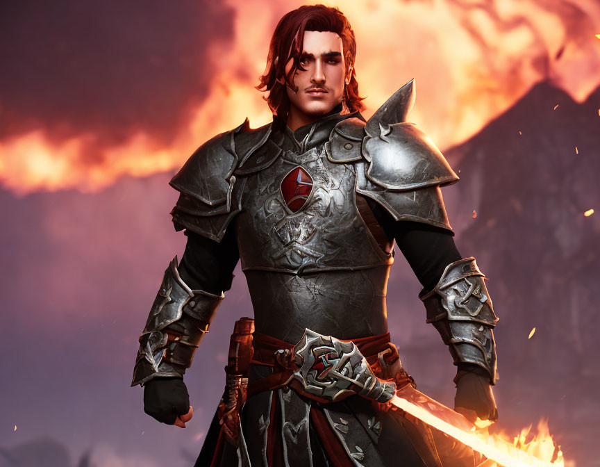 Heroic Figure in Ornate Armor with Glowing Sword Against Fiery Background