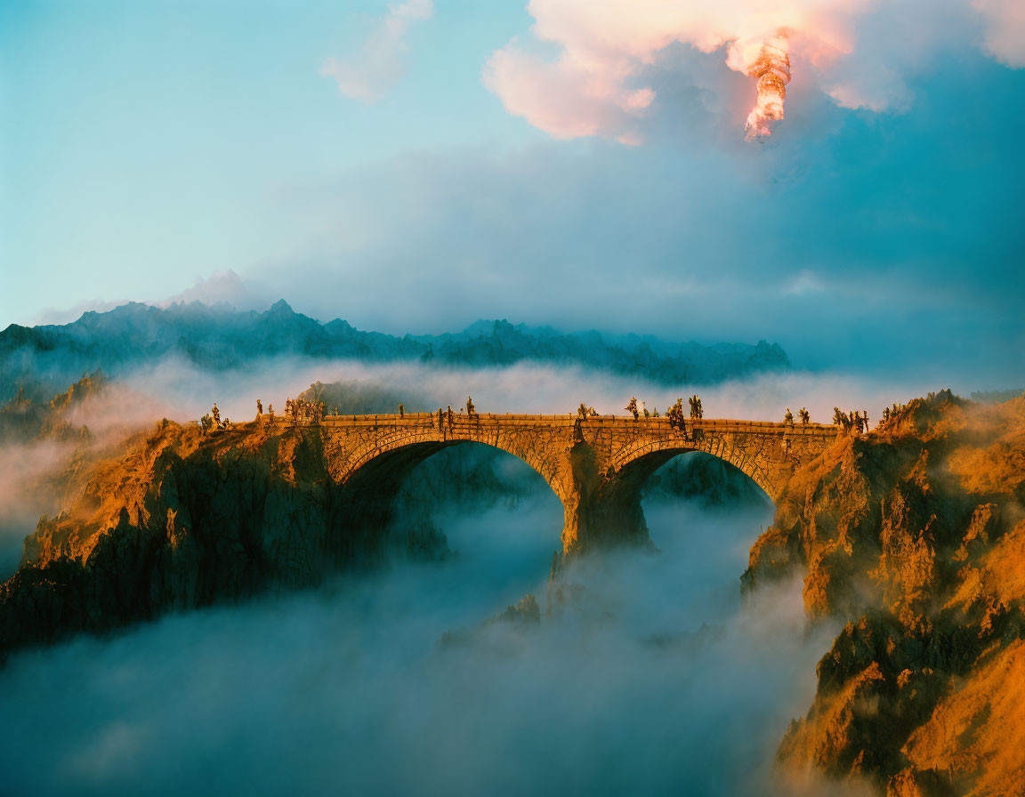 Ancient stone bridge in mist with figures admiring view at golden hour.