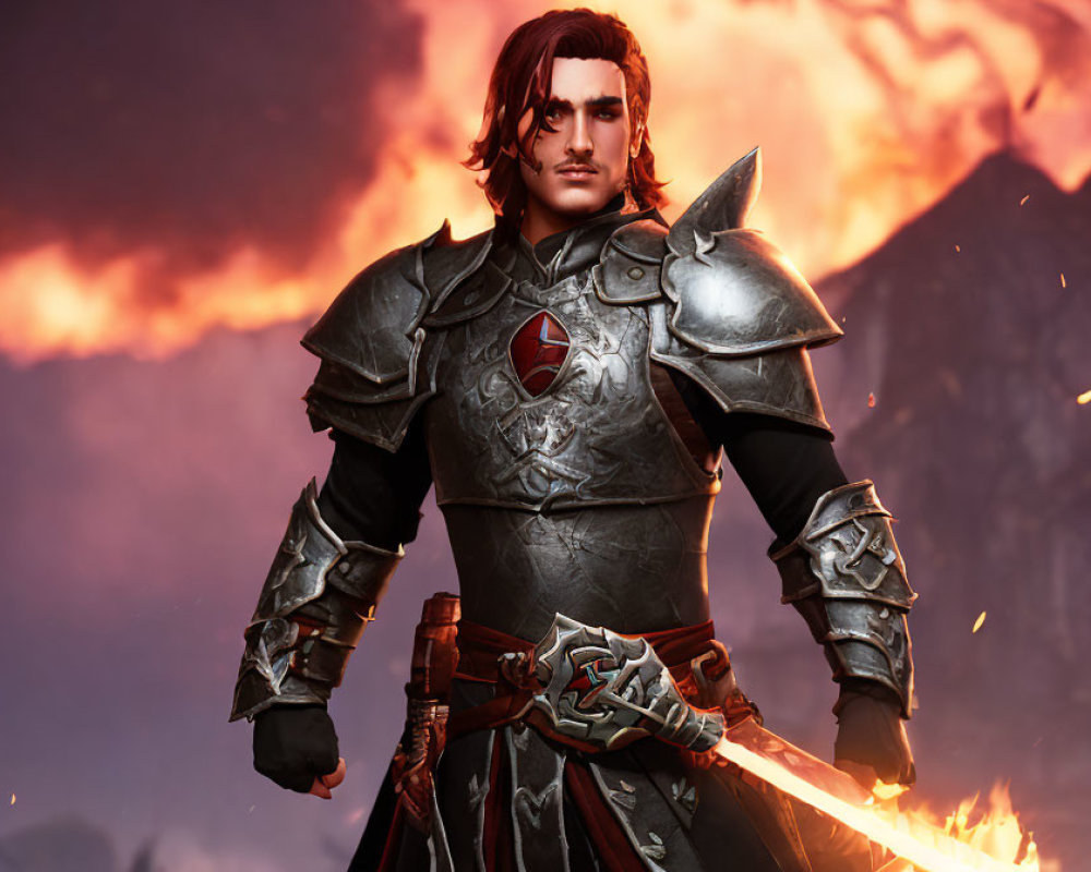 Heroic Figure in Ornate Armor with Glowing Sword Against Fiery Background