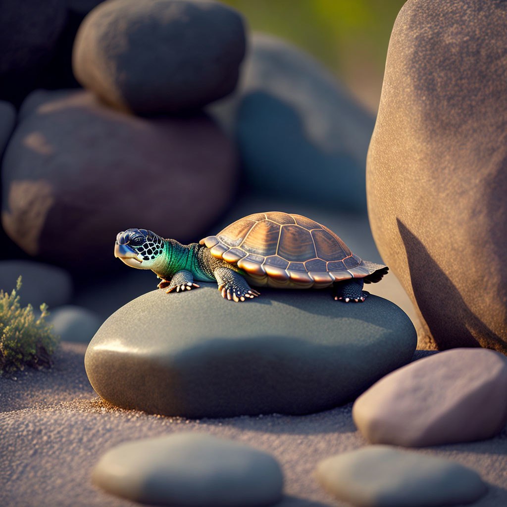 Detailed Toy Turtle Resting on Smooth Rock in Softly Lit Setting