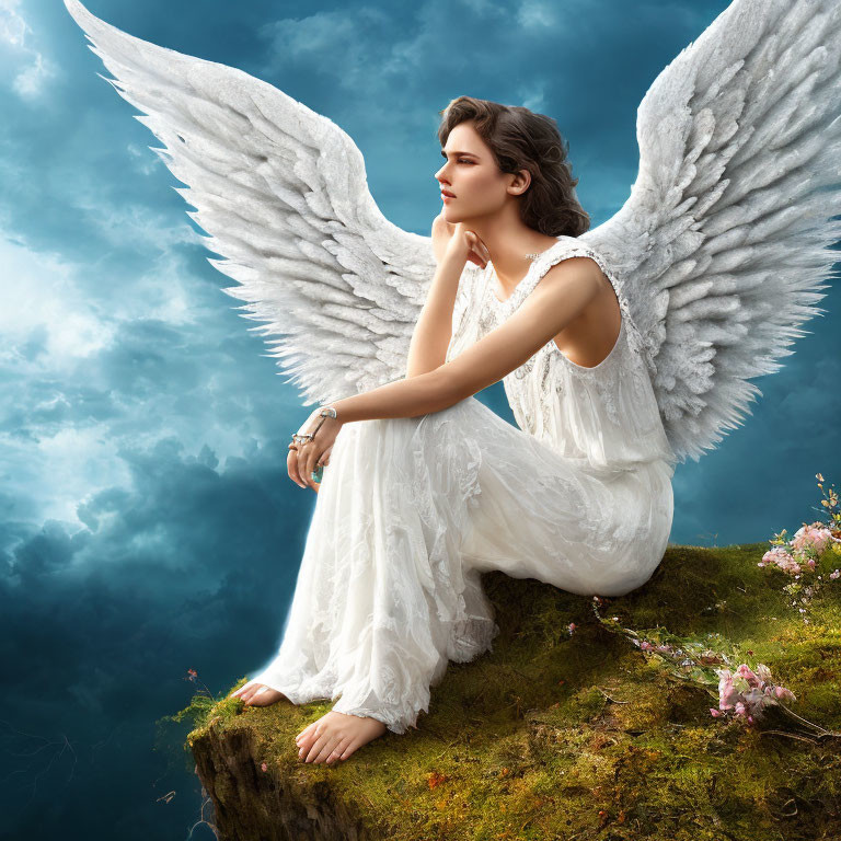 Winged figure in white dress against dramatic sky