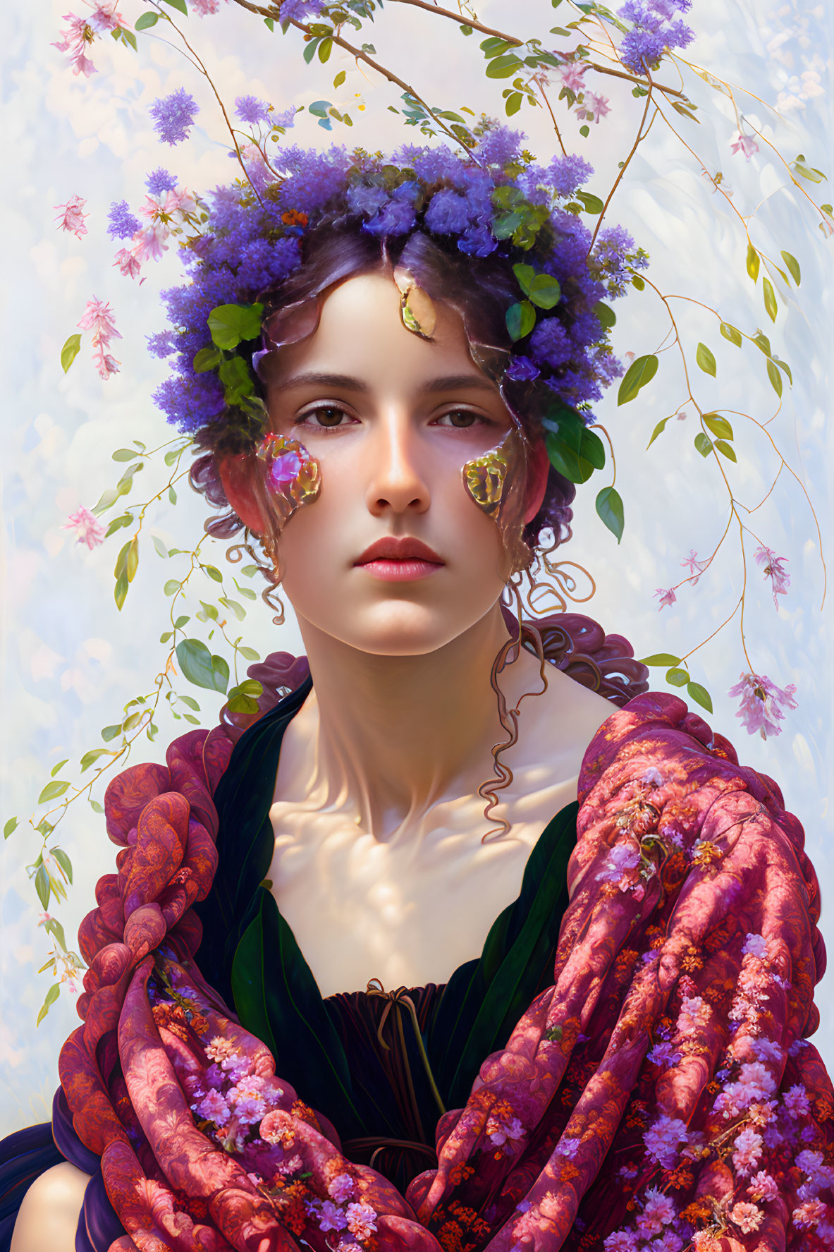 Portrait of woman with floral crown and gold leaf makeup in blue and red draped garment among ethereal blooms