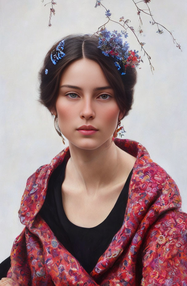 Portrait of Woman in Floral Headpiece and Red Shawl on Black Garment