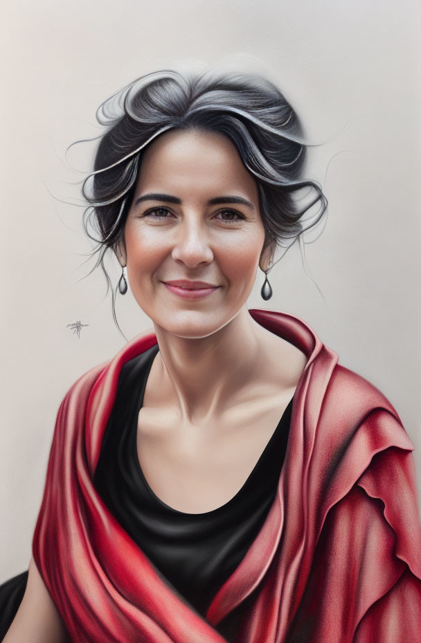 Smiling woman with dark hair and red shawl portrait