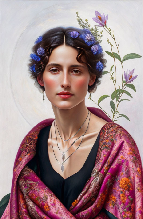 Portrait of woman with serene gaze, blue flowers in hair, in black v-neck dress with pink sh