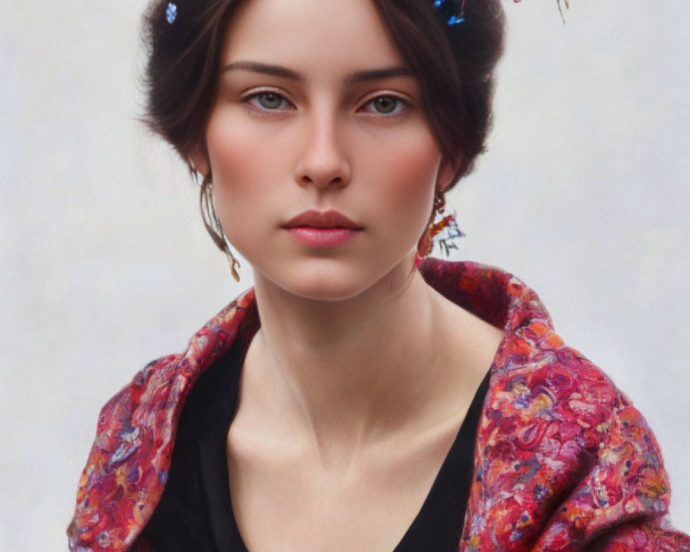 Portrait of Woman in Floral Headpiece and Red Shawl on Black Garment