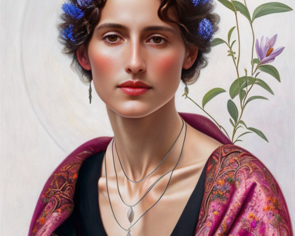 Portrait of woman with serene gaze, blue flowers in hair, in black v-neck dress with pink sh